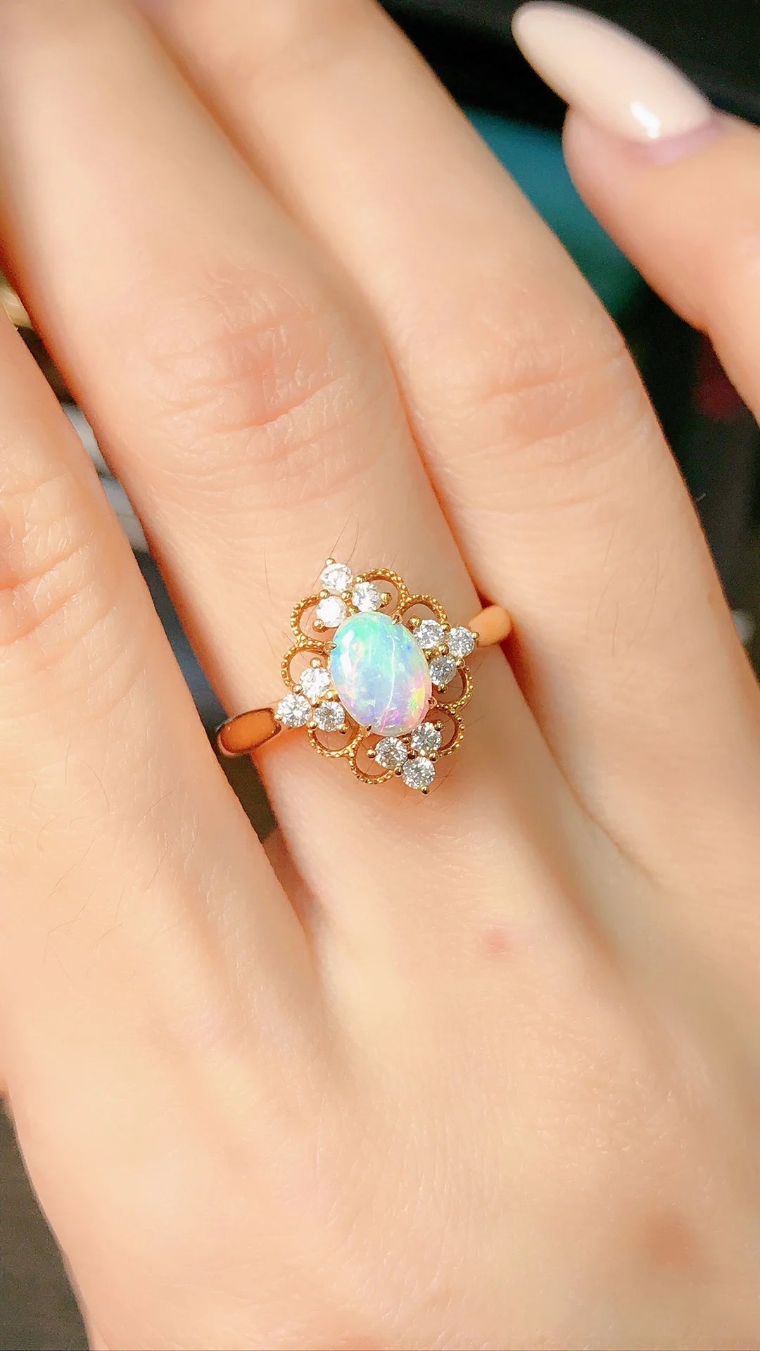 Ring 18K Gold 0.41ct White Opal Gemstones Fine Female