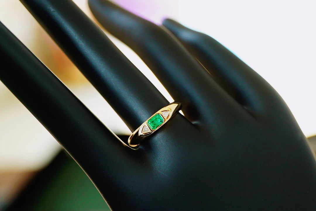 Ring 18K Gold 0.2ct Green Emerald Gemstones Male's Fine