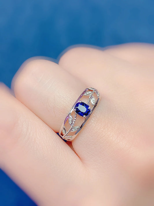 Ring 18K White Gold 0.8ct Blue Sapphire Diamonds Female Anniversary Gift