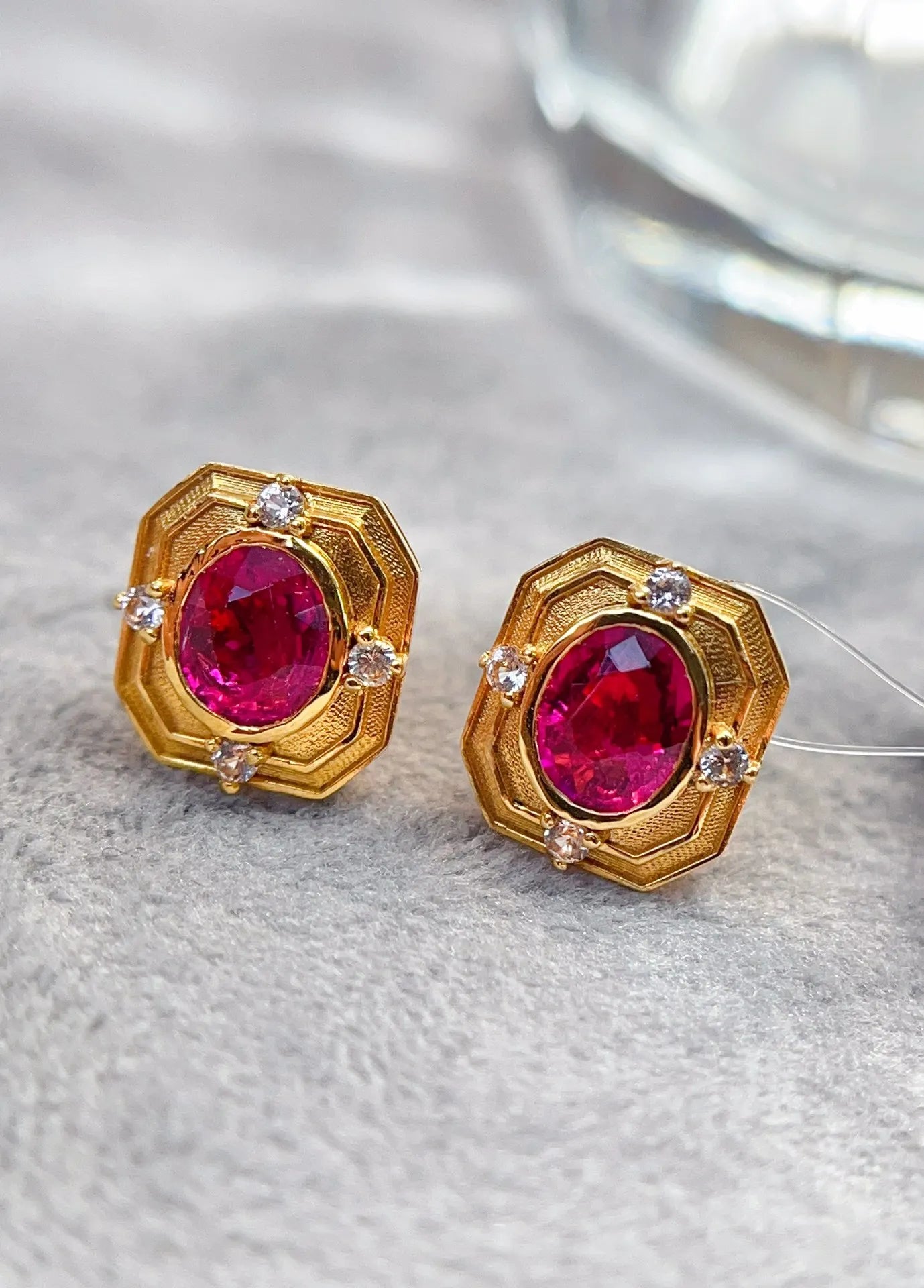 Earrings 18K Yellow Gold 2ct Pink Tourmaline Gemstone Stud Female's