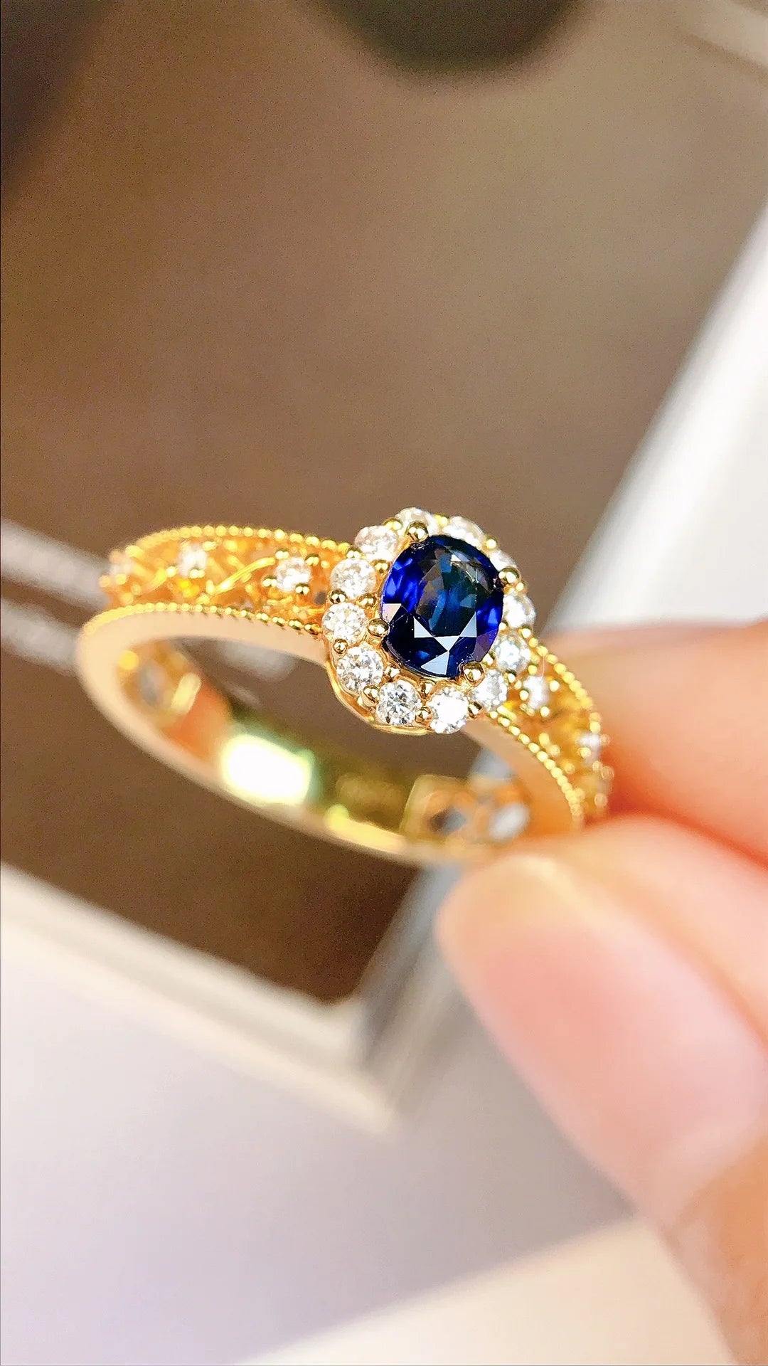 Ring 18K Gold 0.34ct Blue Sapphire Gemstones Diamonds Female's