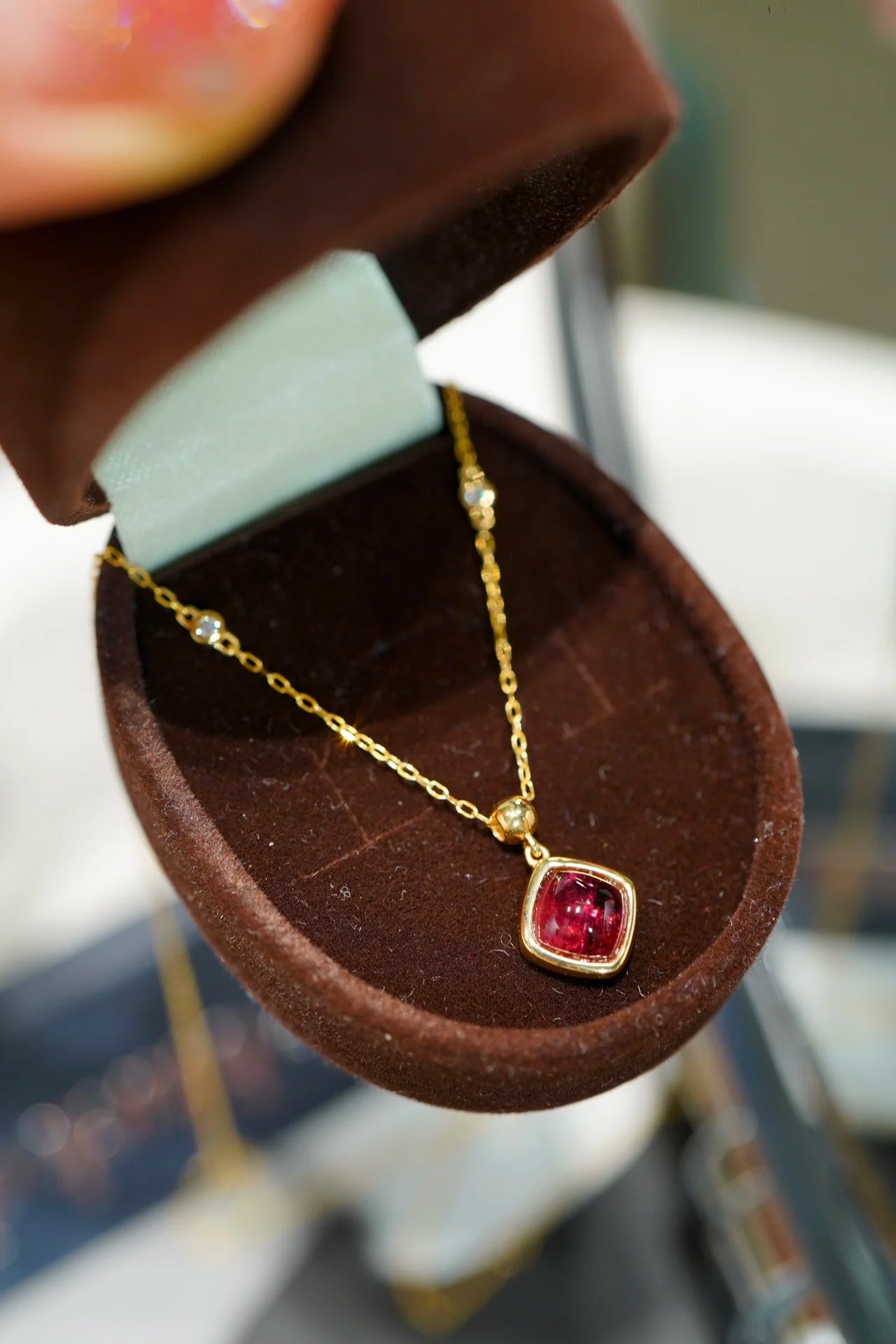 Necklace 18K Gold 1.3ct Red Tourmaline Diamonds Pendant Female's