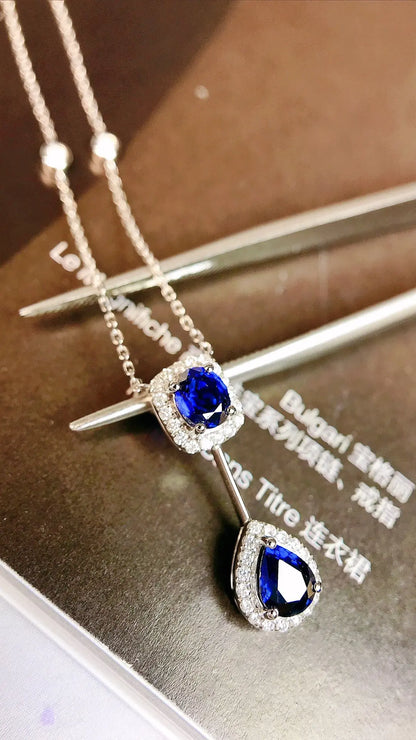 Necklace 18K White Gold 0.93ct Blue Sapphire Diamonds Pendant Female's