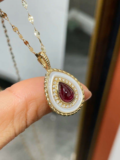 Pendant 18K Gold 1.2ct Rubillite Red Tourmaline Gemstones Diamond Necklace