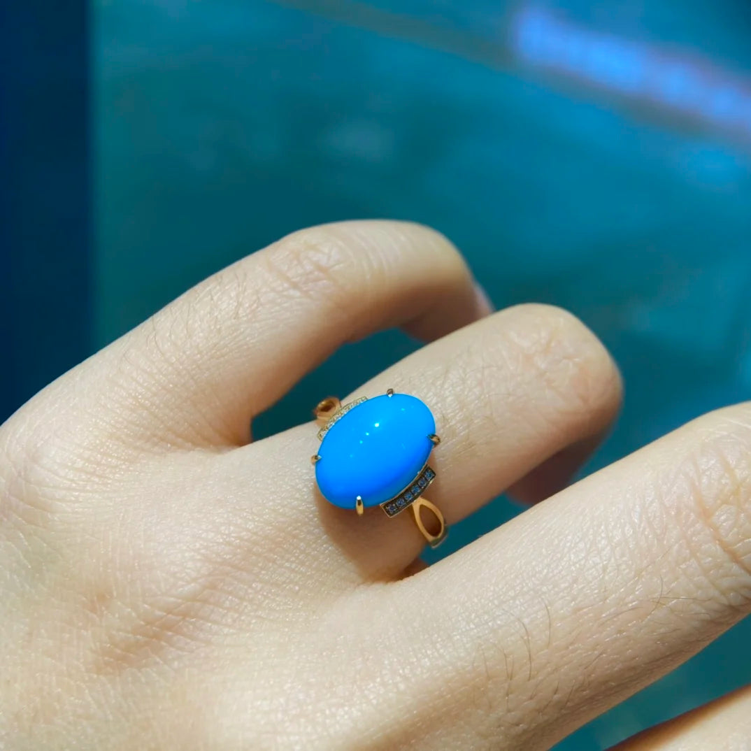 Ring 18K Gold 13*9.1mm Blue Turquoise Gemstones Diamonds Female Sporty