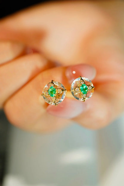 Earrings 18K Gold 0.3ct Green Emerald Diamonds Drop Female's Fine