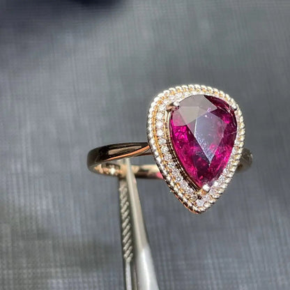 Ring 18K Rose Gold 2.2ct Red Tourmaline Gemstones Diamonds Female Fine Gift