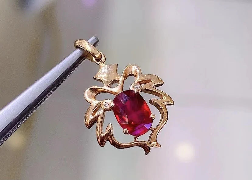 Pendant 18K Rose Gold 0.985ct Red Ruby Gemstones Necklace for Women