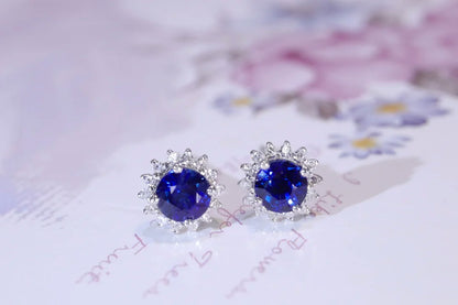 Earrings 18K Gold 0.55ct Blue Sapphire Gemstones Stud Female's Fine