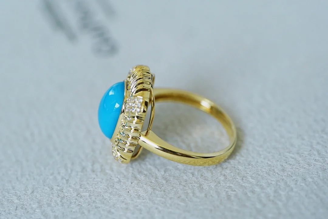 Ring 18K Gold 10.1*8mm Blue Turquoise Gemstones Diamonds Female Sporty