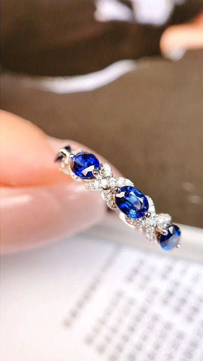 Ring 18K Gold 1.29ct Blue Sapphire Gemstones Diamonds Female Fine Jewelry