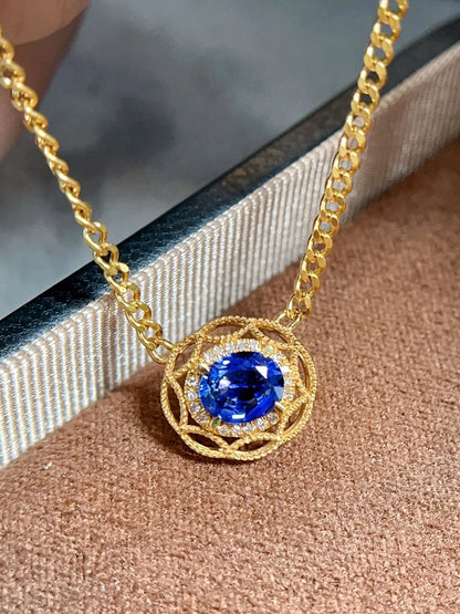 Necklace 18K Yellow Gold 1ct Blue Sapphire Diamonds Pendant Female's