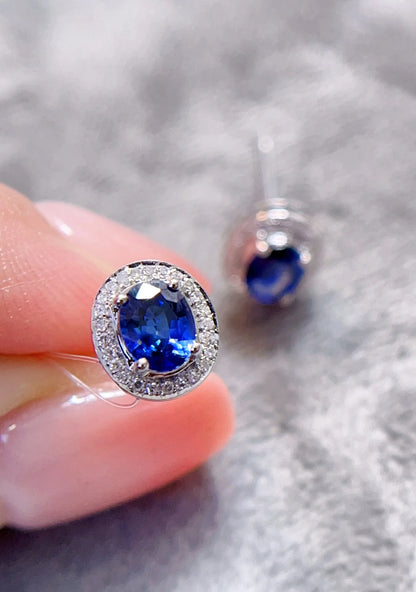 Earrings 18K Gold 0.8ct Blue Sapphire Gemstones Stud Female's Fine