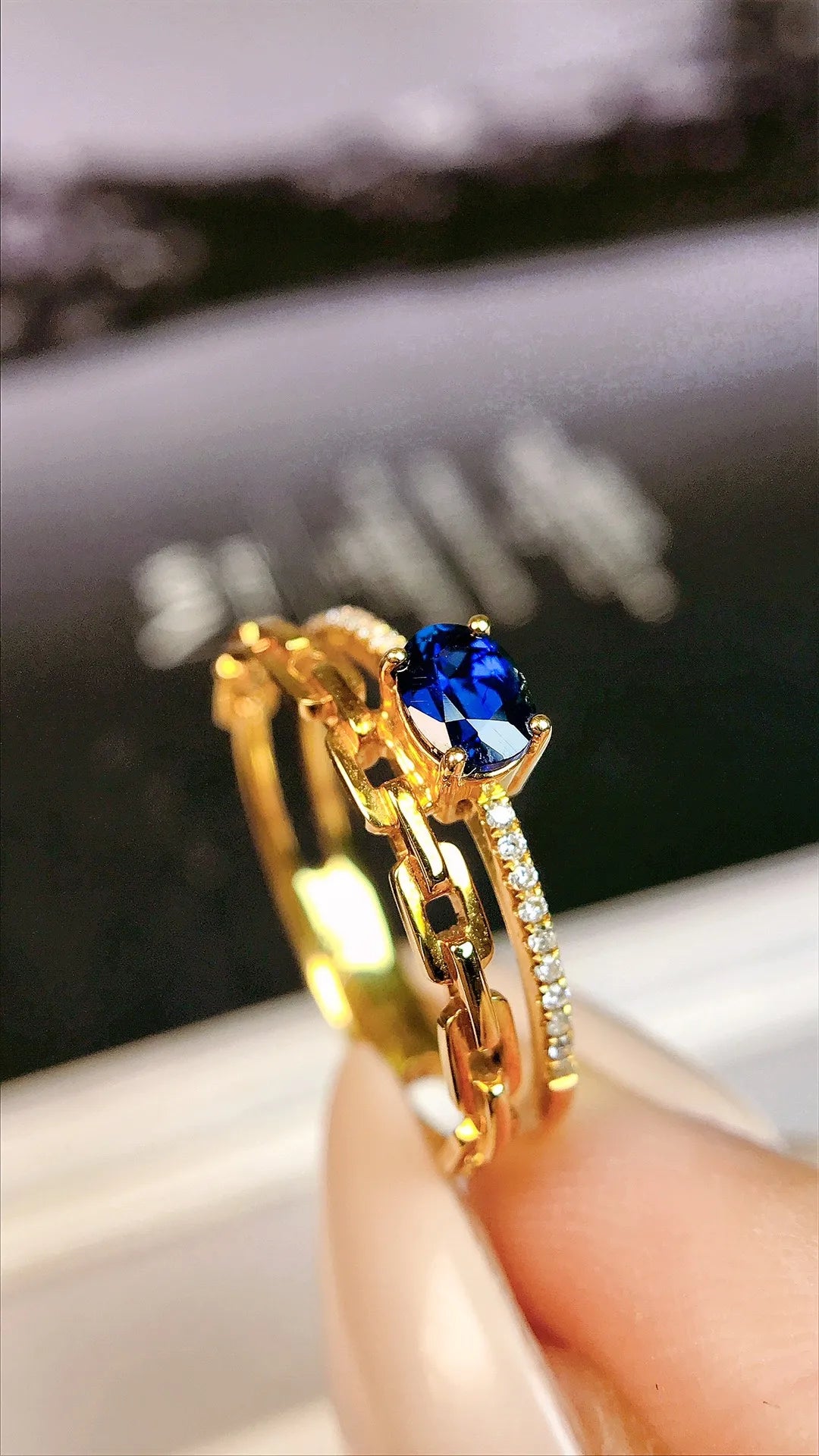 Ring 18K Gold 0.45ct Blue Sapphire Gemstones Diamonds Female's