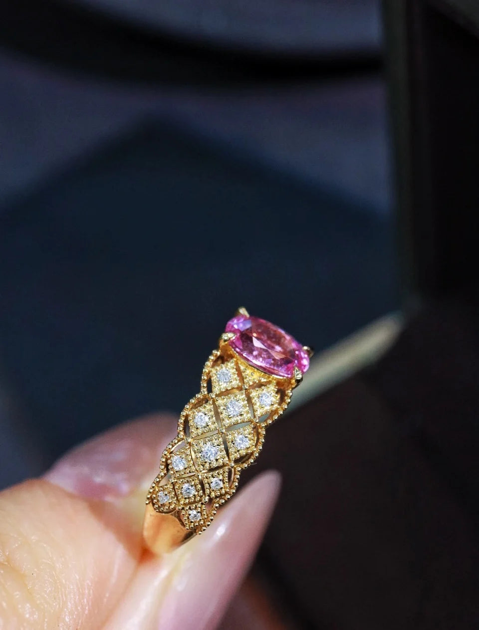 Ring 18K Gold 0.97ct Pink Sapphire Gemstones Diamonds Female Fine