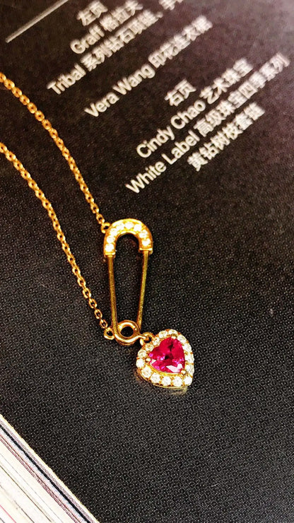 Necklace 18K Gold 0.27ct Red Ruby Diamonds Pendant Female's