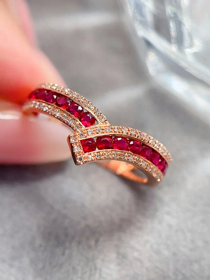 Ring 18K Gold 0.8ct Red Ruby Diamonds Anniversary Female Fine Jewelry