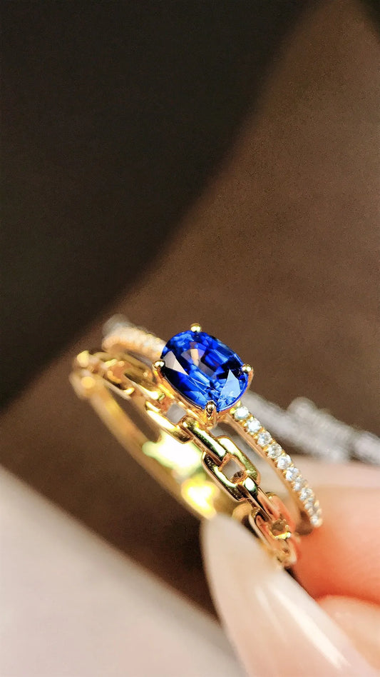 Ring 18K Gold 0.59ct Blue Sapphire Gemstone Diamonds Female's