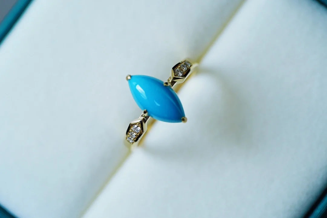 Ring 18K Gold 11.5*6.1mm Blue Turquoise Gemstones Diamonds Female Sporty