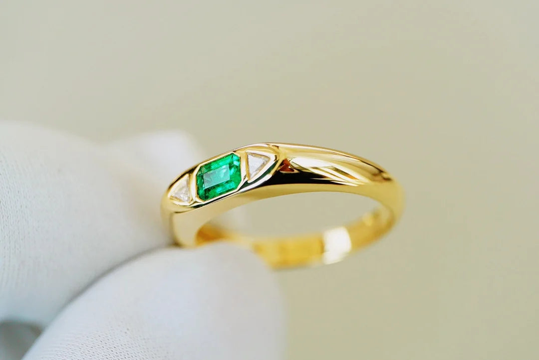 Ring 18K Gold 0.2ct Green Emerald Gemstones Male's Fine