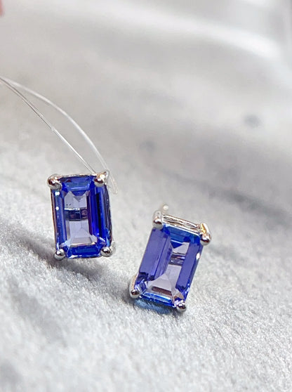 Earrings 18K White Gold 1ct Blue Tanzanite Stud Female's Fine