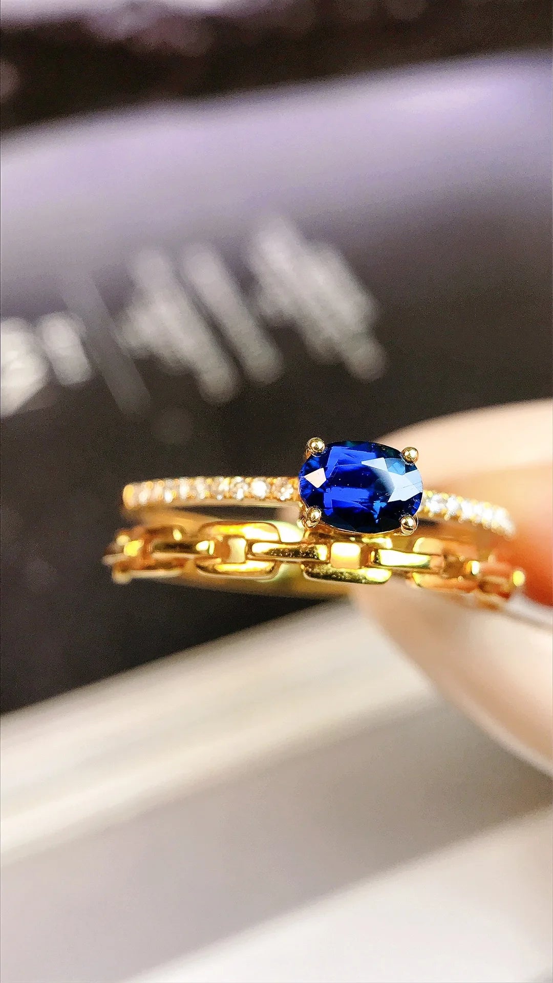 Ring 18K Gold 0.45ct Blue Sapphire Gemstones Diamonds Female's