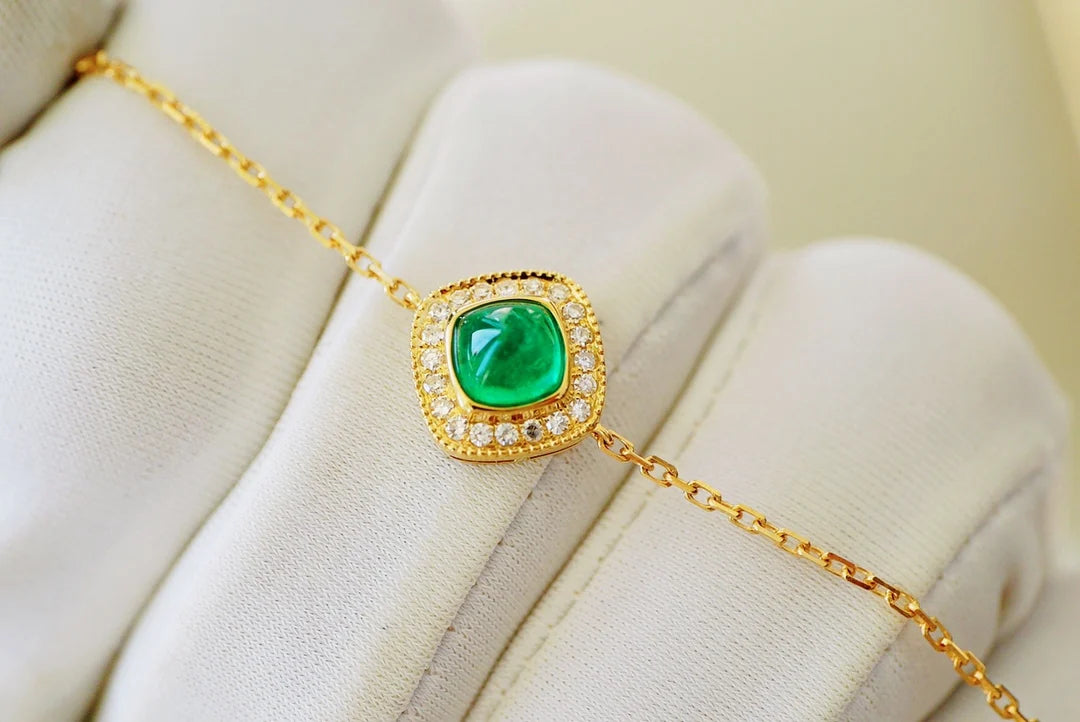 Bracelet 18K Gold 0.8ct Green Emerald Gemstones Diamonds Female's