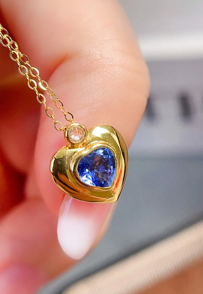 Necklace 18K Yellow Gold 0.7ct Blue Sapphire Diamonds Pendant Female's