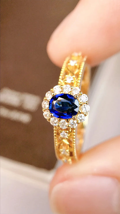 Ring 18K Gold 0.34ct Blue Sapphire Gemstones Diamonds Female's