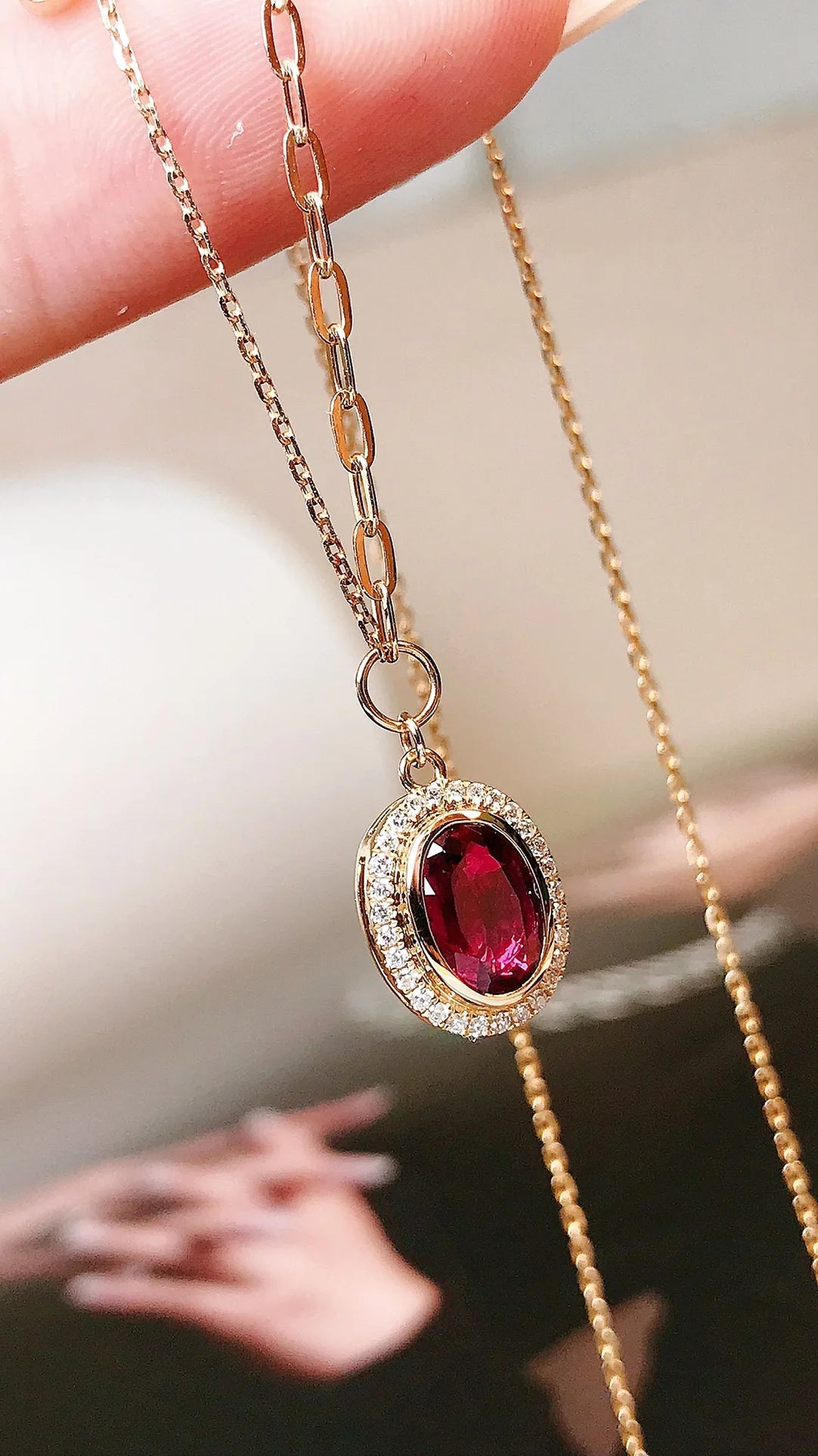 Necklace 18K Gold 0.73ct Red Ruby Diamonds Pendant Female's