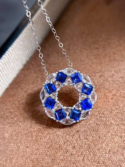 Necklace 18K White Gold 1ct Blue Sapphire Diamonds Pendant Female's