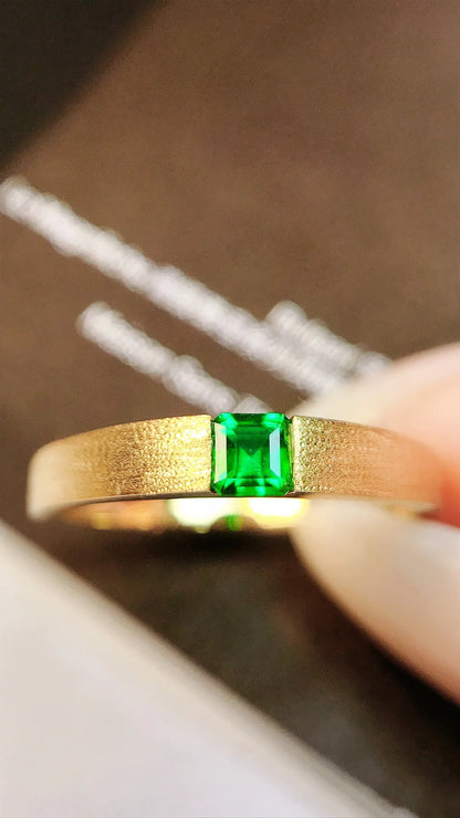 Ring 18K Gold 0.22ct Green Emerald Gemstones Male's