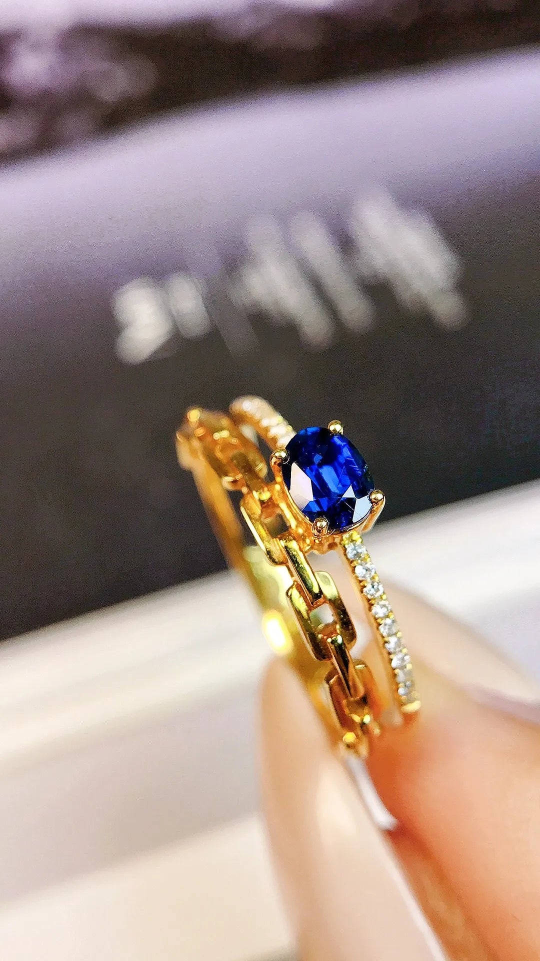 Ring 18K Gold 0.45ct Blue Sapphire Gemstones Diamonds Female's