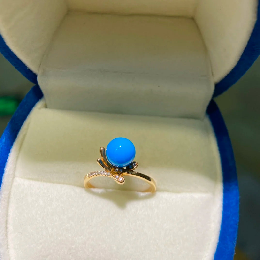 Ring 18K Gold Blue Turquoise Gemstones 7.1mm Diamonds Female