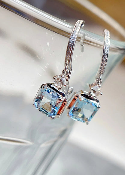 Earrings 18K White Gold 1.8ct Aquamarine Diamonds Gemstones Female's