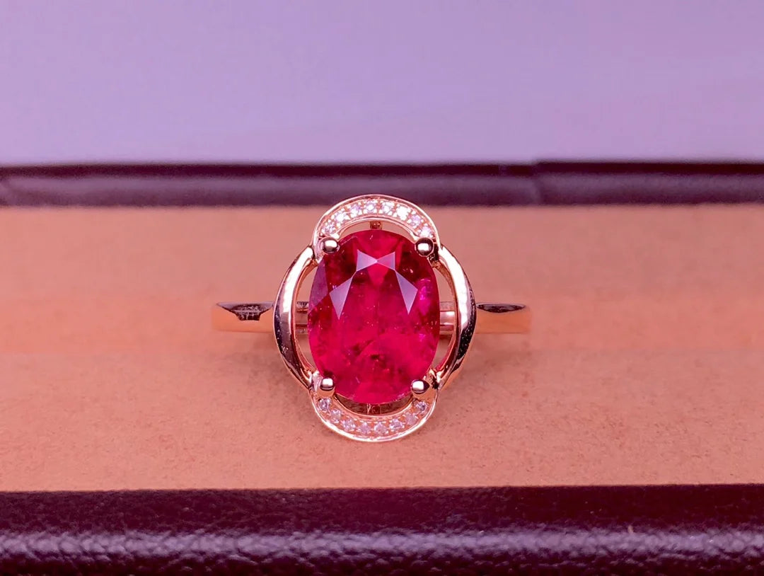 Ring 18K Gold 2.7ct Red Tourmaline Gemstones Diamonds Female's