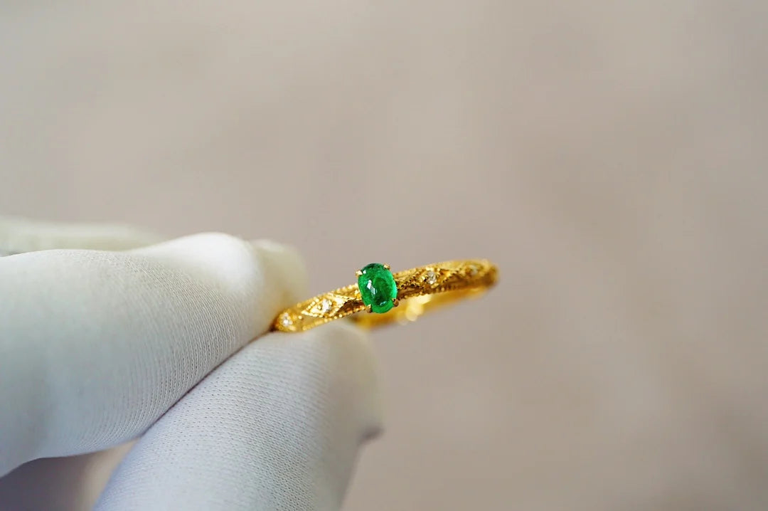 Ring 18K Gold 0.2ct Green Emerald Gemstones Male's