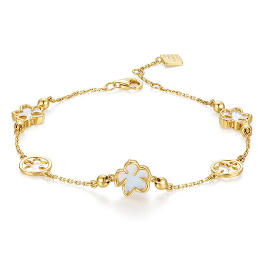 3-Flower 14K Yellow Gold Bracelet – 18cm Shell Design, Wedding Jewelry for Women