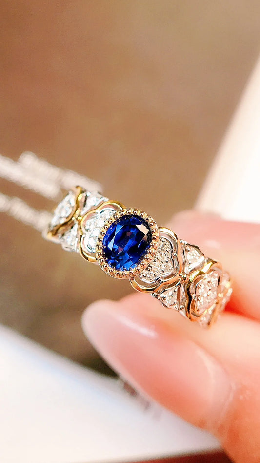 Ring 18K Gold 0.44ct Blue Sapphire Gemstones Diamonds Female