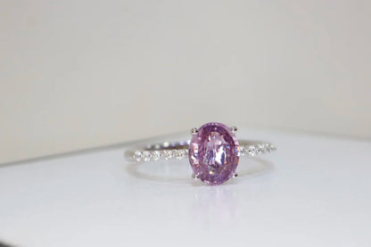 Ring 18K White Gold 1.23ct Orangy Pink Sapphire Gemstones Diamonds Female Fine Jewelry