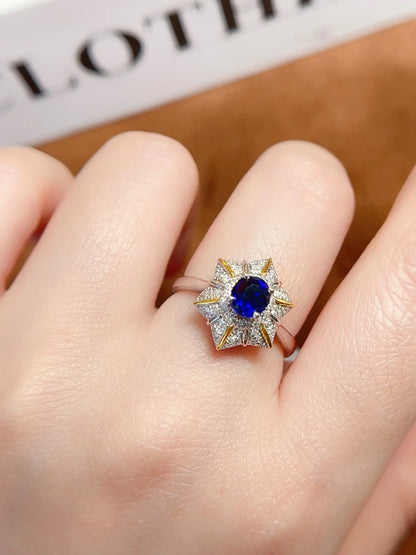 Ring 18K Gold 0.9ct Blue Sapphire Gemstones Diamonds Female's