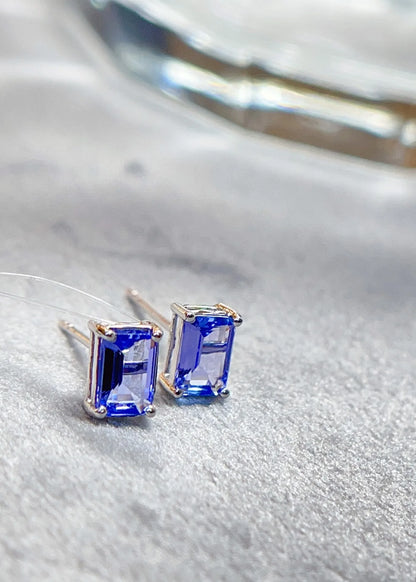 Earrings 18K White Gold 1ct Blue Tanzanite Stud Female's Fine