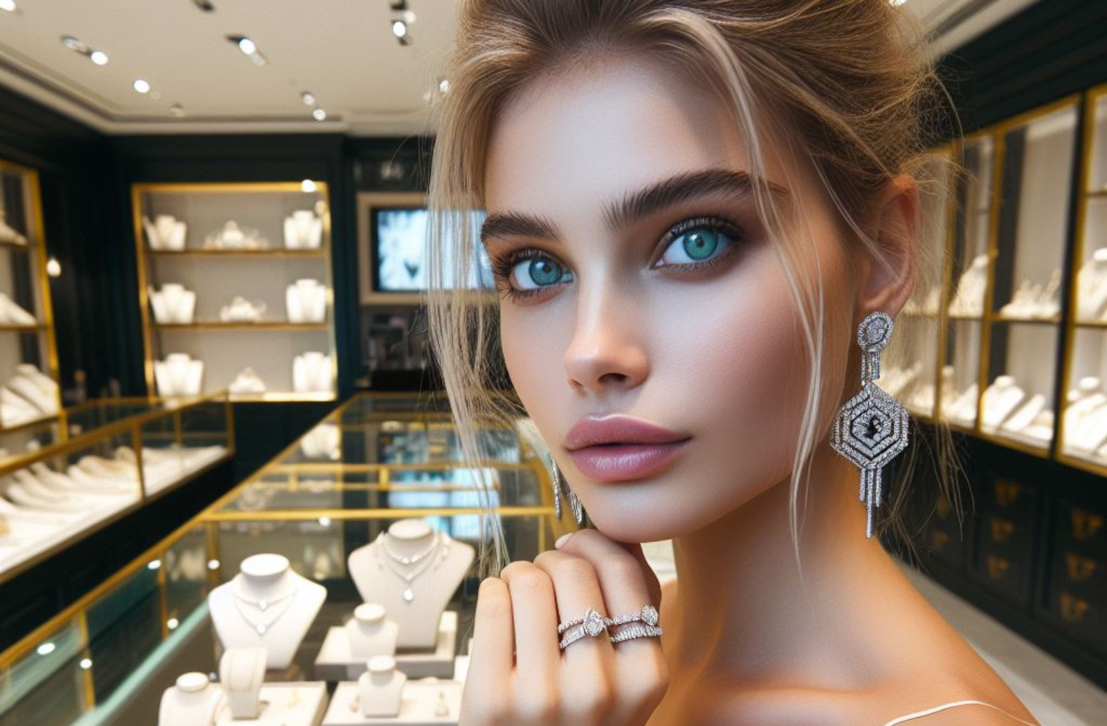 This image shows the section number one "click on banner for go to deals" model number one of the page, it is a display with several banners inside that shows male and female models posing products from the jewelry store