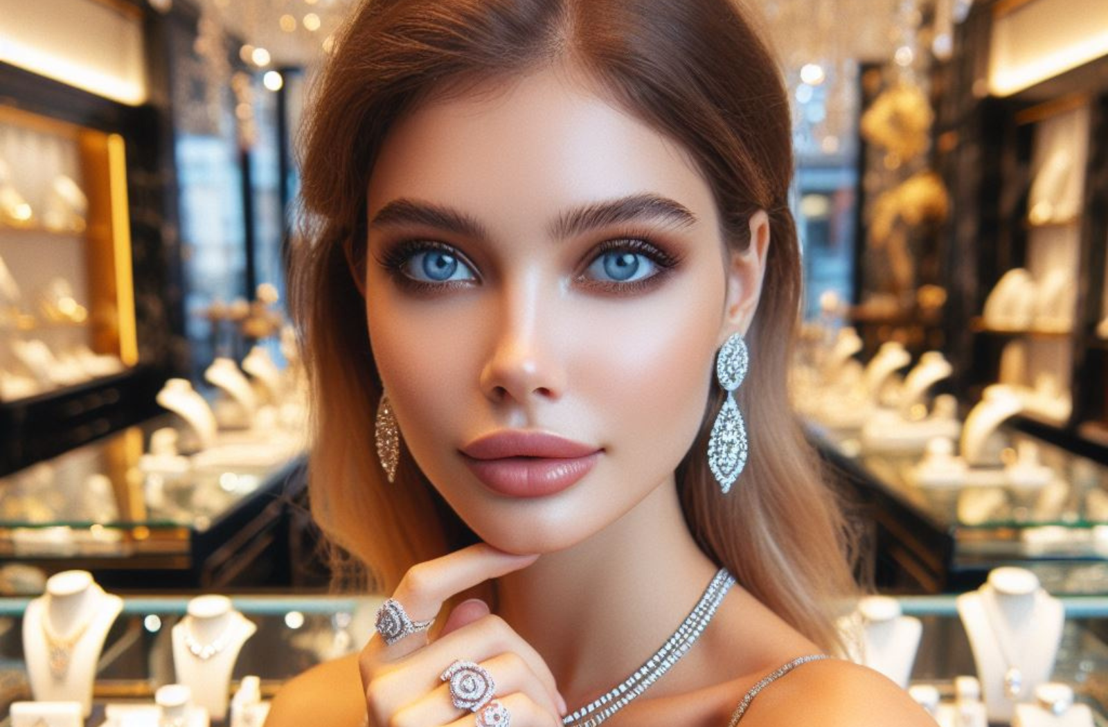 This image shows the section number one "click on banner for go to fine jewelry" model number four of the page, it is a display with several banners inside that shows male and female models posing products from the jewelry store