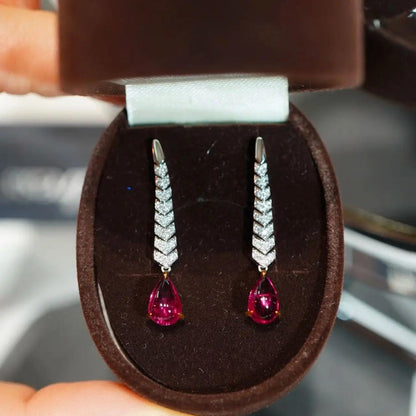 SX2024 Solid G18K Gold Natural Red Tourmaline Rubillite Gemstones 2.3ct Drop Earrings diamonds Jewelry for Women Fine Earrings - Jewellery & Gold Store